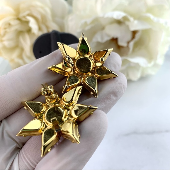 Vintage Gold Tone Starburst Bloody Red Rhinestone Large Earrings - Picture 8 of 14